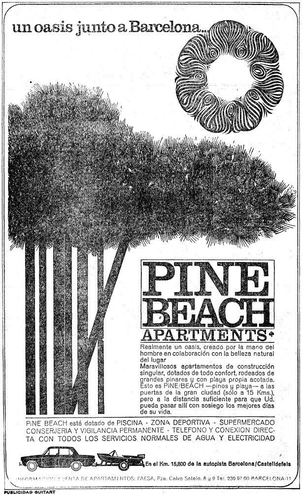 Anuncio de Pine Beach de Gav Mar publicado en el diario La Vanguardia el 25 de Junio de 1966 donde por primera vez se informa de la existencia de un supermercado y de una zona deportiva